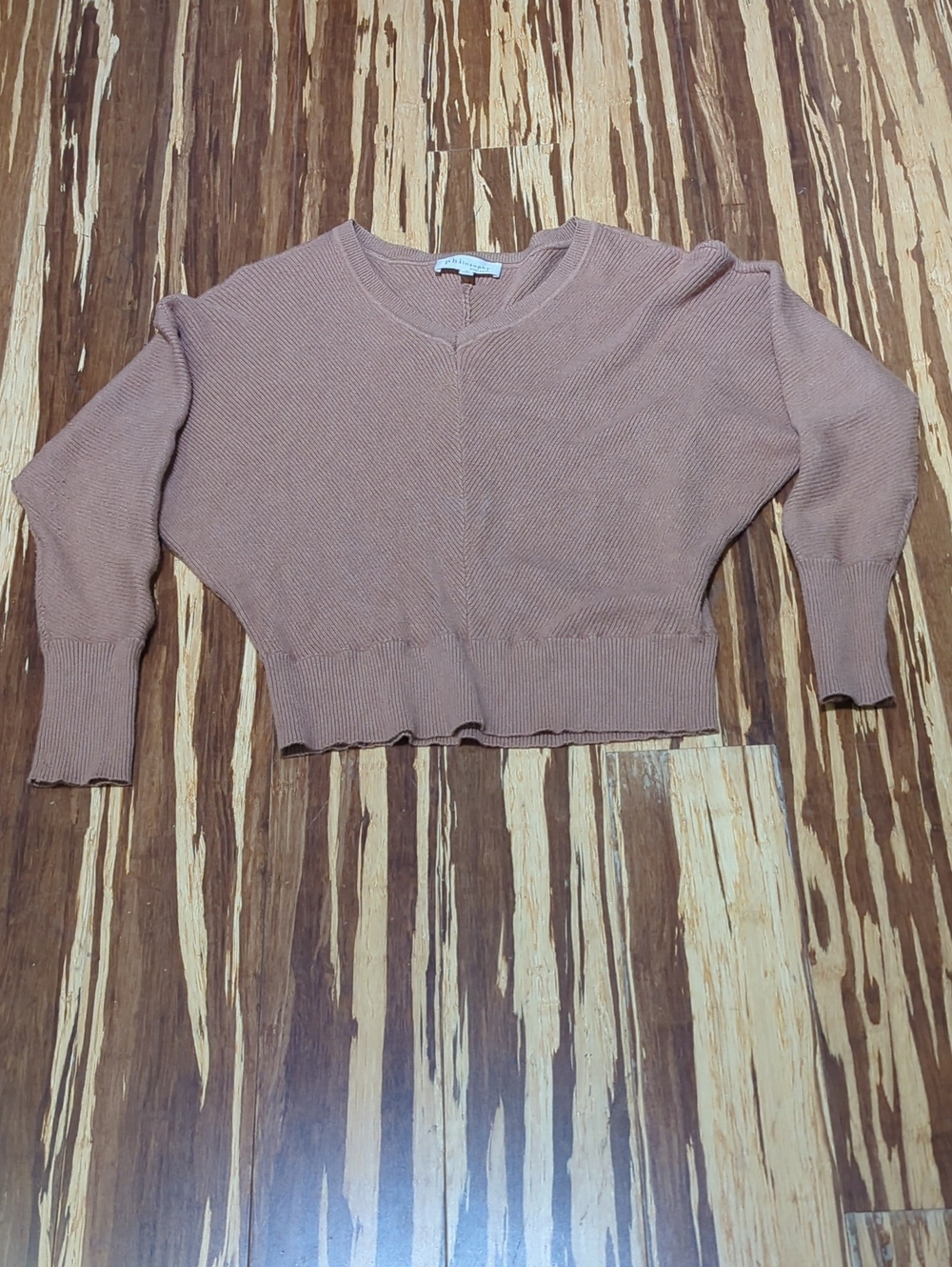 Philosophy Ribbed V-neck Bat Wing Sweater in Tan Brown